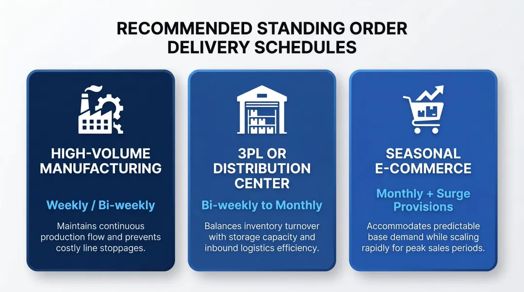 Packaging standing order delivery frequency comparison by operation type infographic