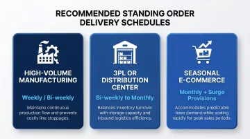 Packaging standing order delivery frequency comparison by operation type infographic