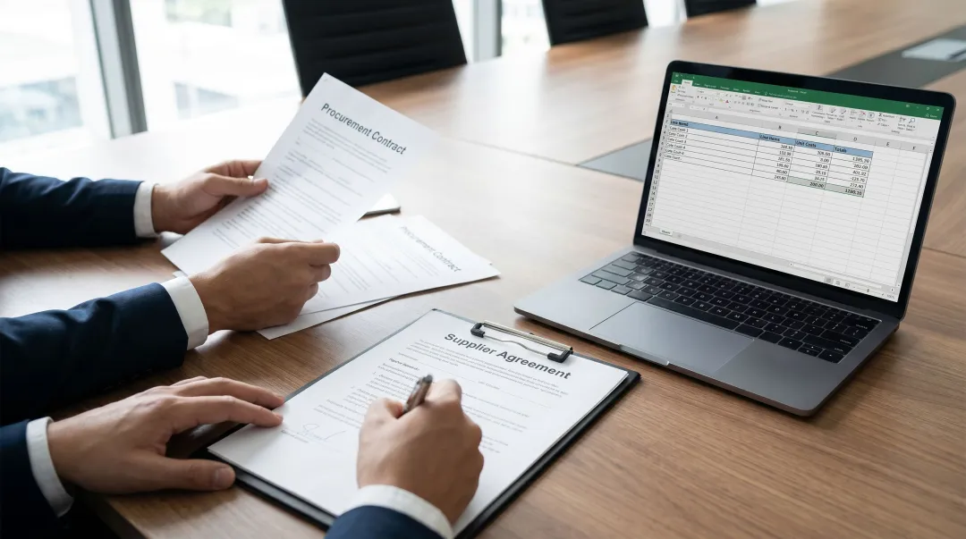Procurement contract negotiation meeting with price escalation clause review documents