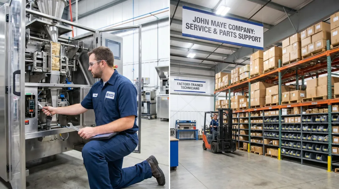 John Maye Company service technician and parts inventory supporting packaging equipment customers