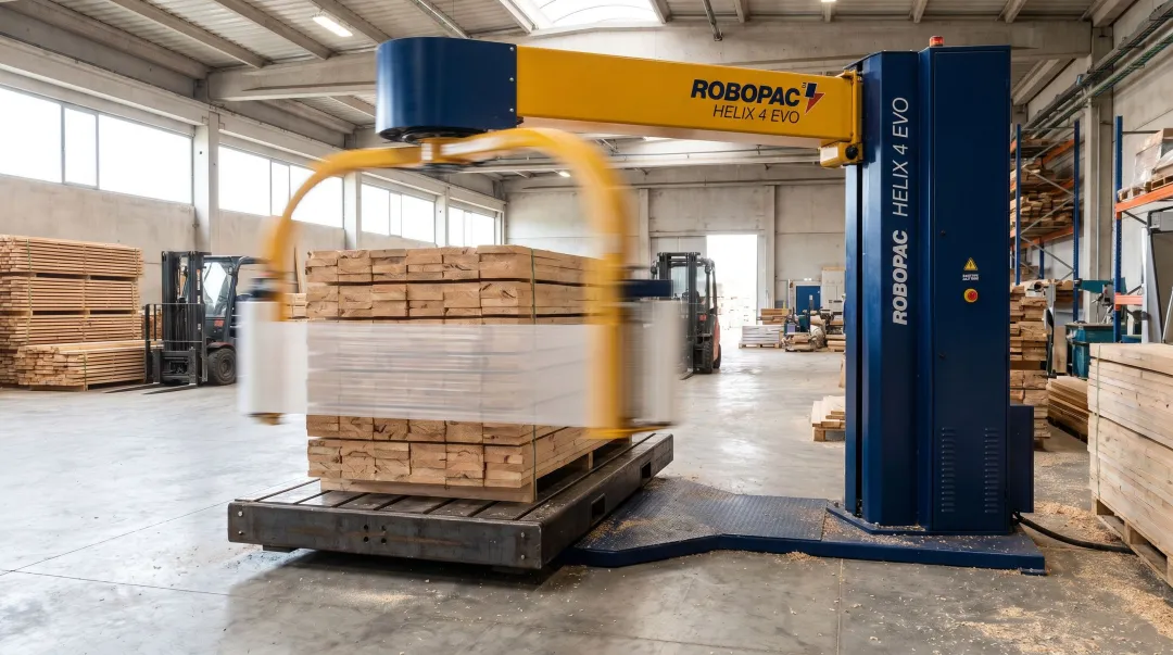 Robopac Helix 4 EVO rotary arm stretch wrapper in active lumber facility operation