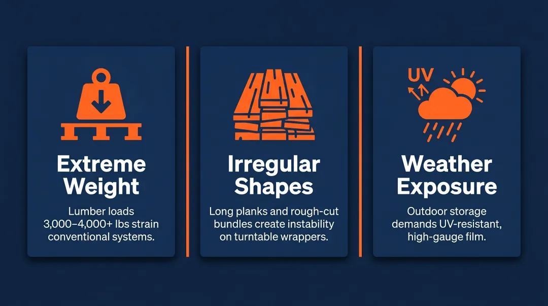 Three lumber yard pallet wrapping challenges weight shape and weather exposure