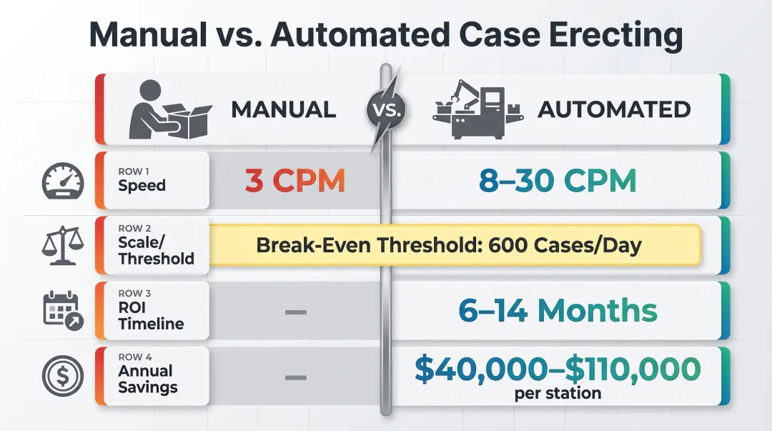 Manual versus automated case erecting throughput and ROI comparison infographic