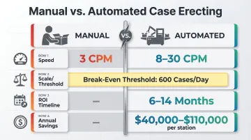 Manual versus automated case erecting throughput and ROI comparison infographic