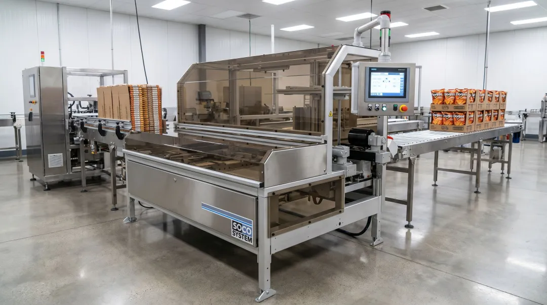 SOCO System case erector with EasyAdjust changeover on snack food packaging line