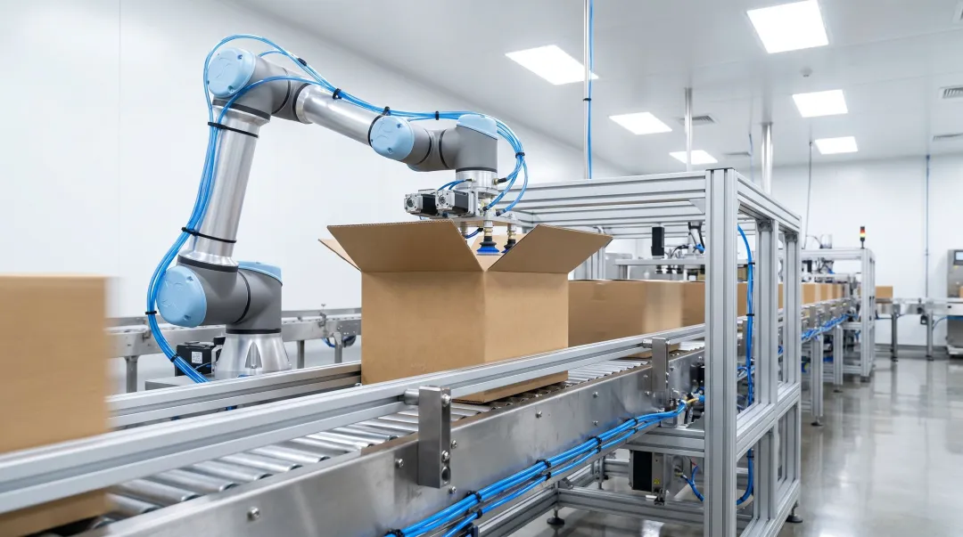 Robotic case erector machine forming corrugated box on high-speed packaging line