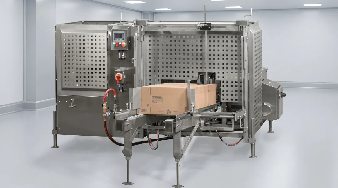 Stainless steel case erector with washdown construction in food manufacturing facility