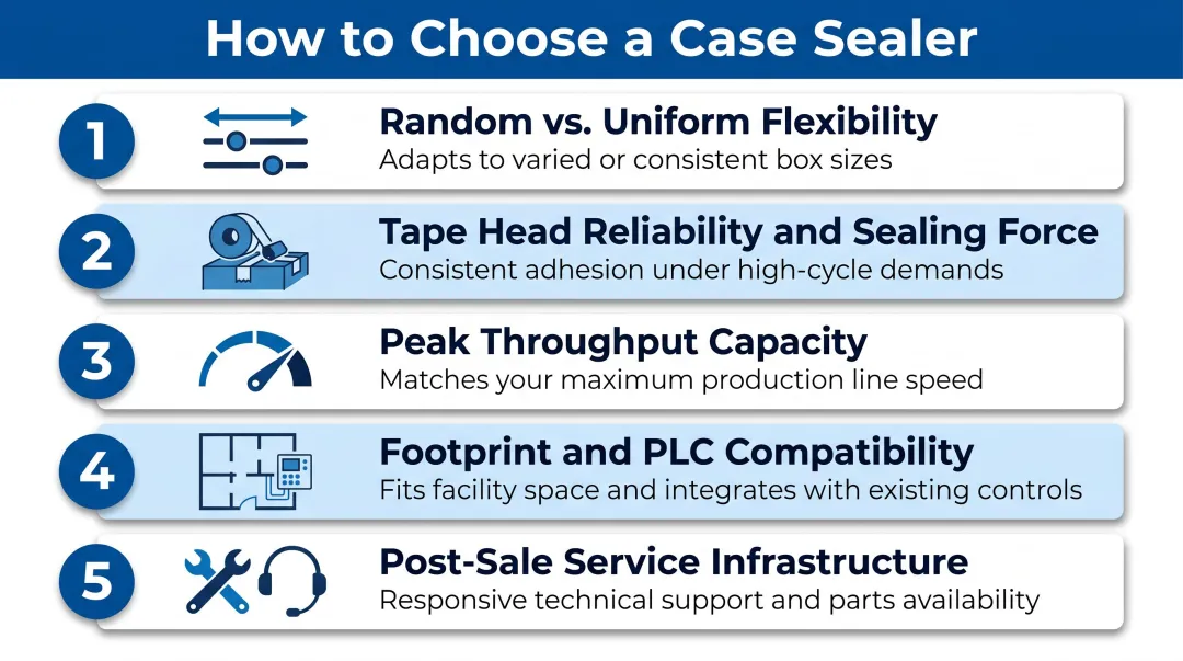 Five key case sealer selection criteria for beauty brand packaging operations infographic