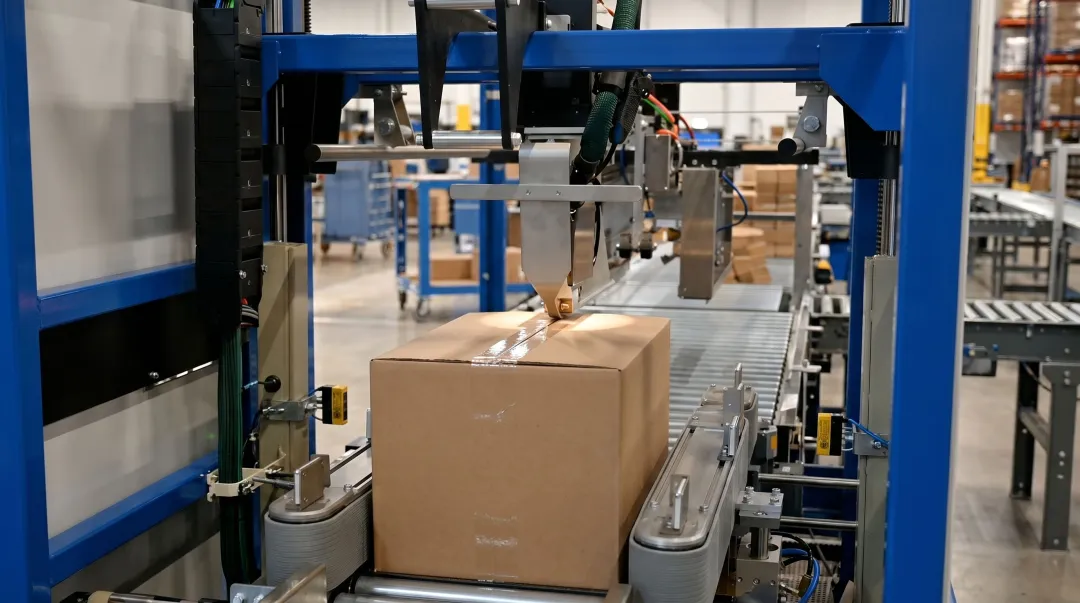 Automated random case sealer with servo adjustment sealing corrugated boxes on conveyor line