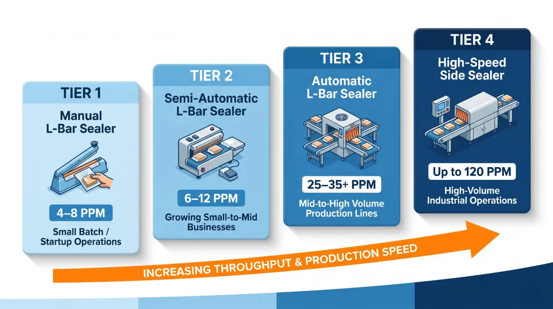 Shrink wrap machine speed tiers comparison from manual to high-speed side sealer