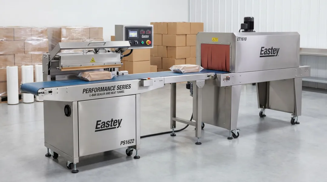 Eastey Performance Series L-bar sealer with heat tunnel on production floor
