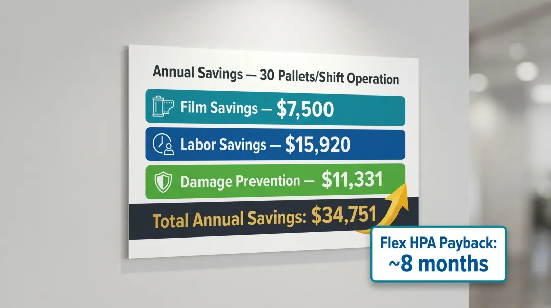 Orion stretch wrapper annual ROI breakdown showing film labor and damage savings totals