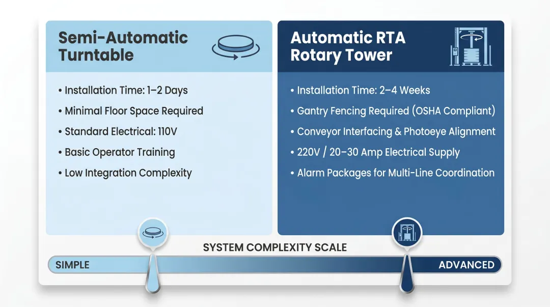 Semi-automatic versus automatic stretch wrapper installation complexity and timeline comparison