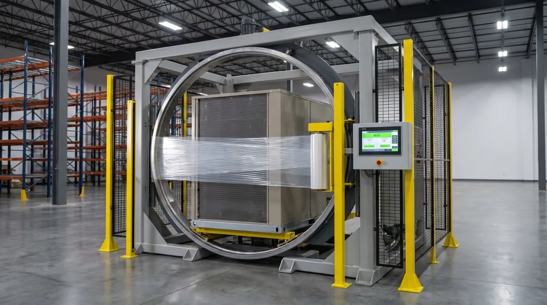 Industrial orbital stretch wrapper with touchscreen controls wrapping large load