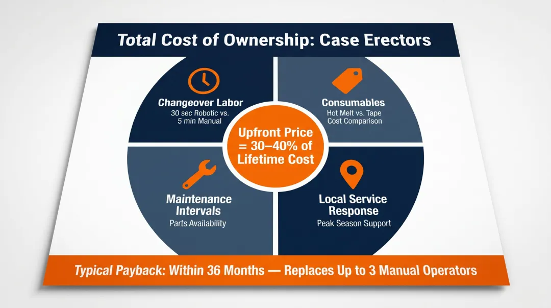 Automated case erector total cost of ownership breakdown showing 36-month ROI factors
