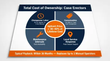 Automated case erector total cost of ownership breakdown showing 36-month ROI factors