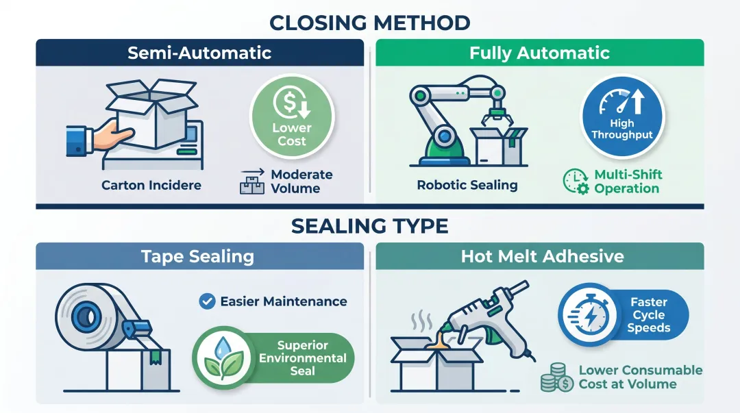 Semi-automatic versus fully automatic case erector types and sealing methods comparison