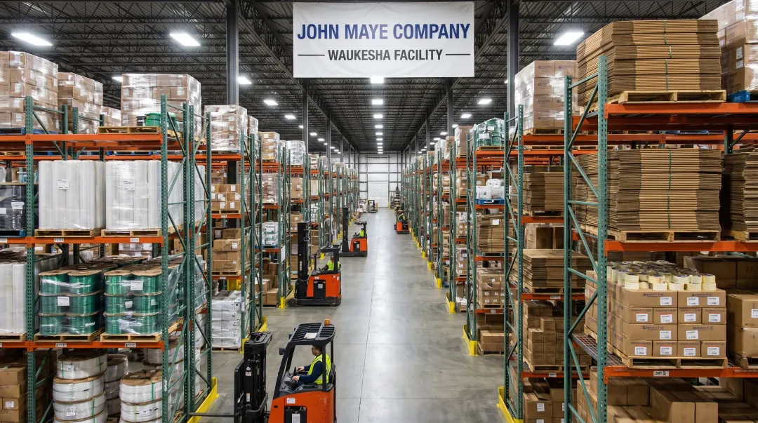John Maye Company warehouse facility showing bulk packaging supply inventory and SKU depth