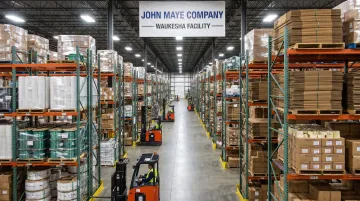 John Maye Company warehouse facility showing bulk packaging supply inventory and SKU depth