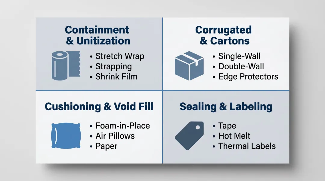 Four core bulk packaging supply categories with materials and specifications overview