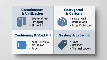 Four core bulk packaging supply categories with materials and specifications overview