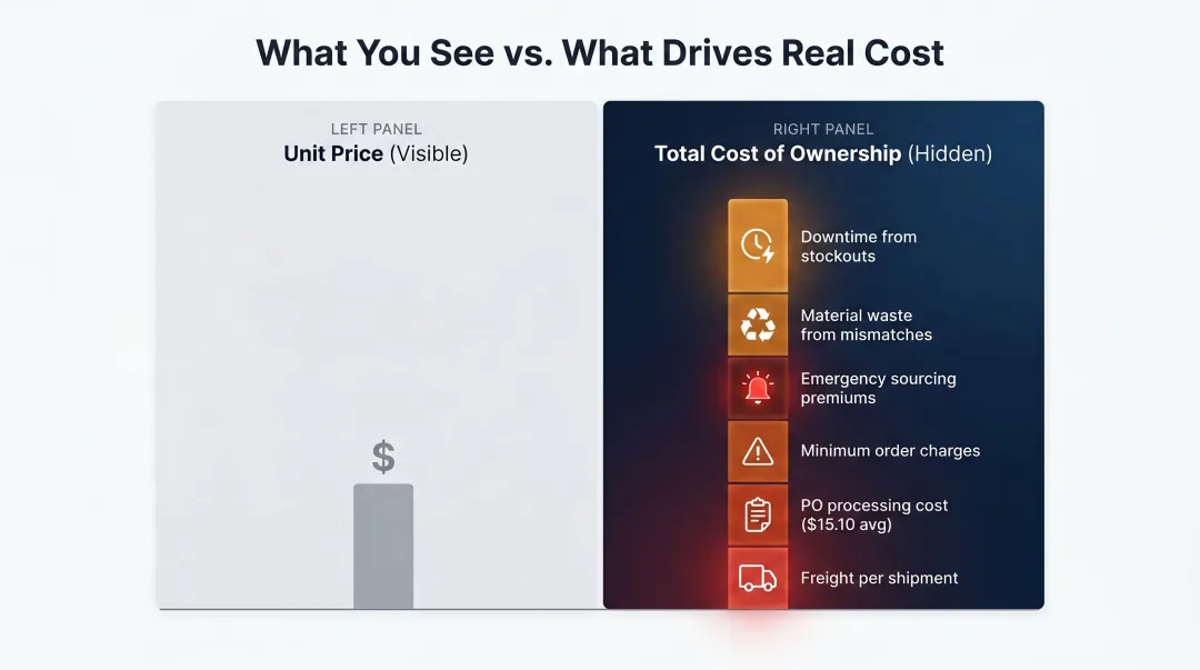 Total cost of ownership versus unit price hidden cost components comparison infographic