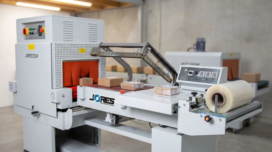 Semi-automatic L-clip sealer machine packaging personal care bottles on conveyor line