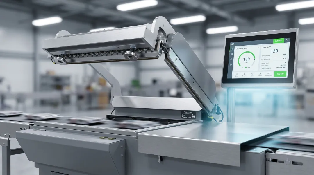 Industrial L-bar sealer machine with touchscreen HMI control panel in production facility