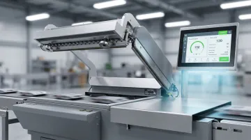 Industrial L-bar sealer machine with touchscreen HMI control panel in production facility
