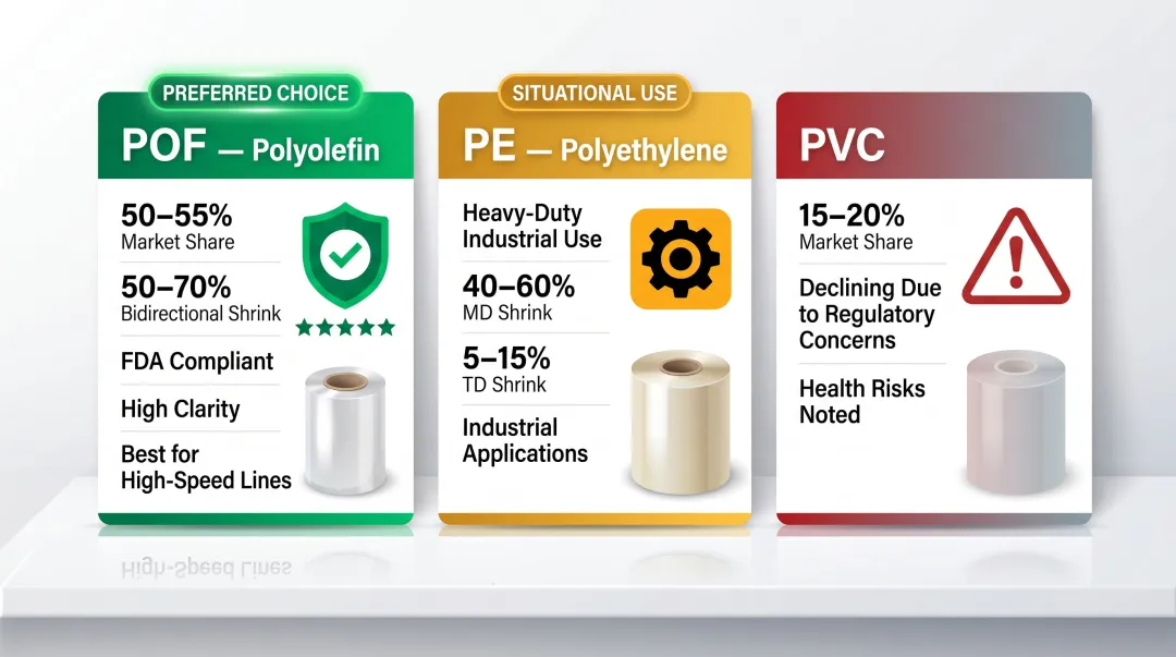 Three shrink film types POF PE PVC comparison for high-speed packaging lines