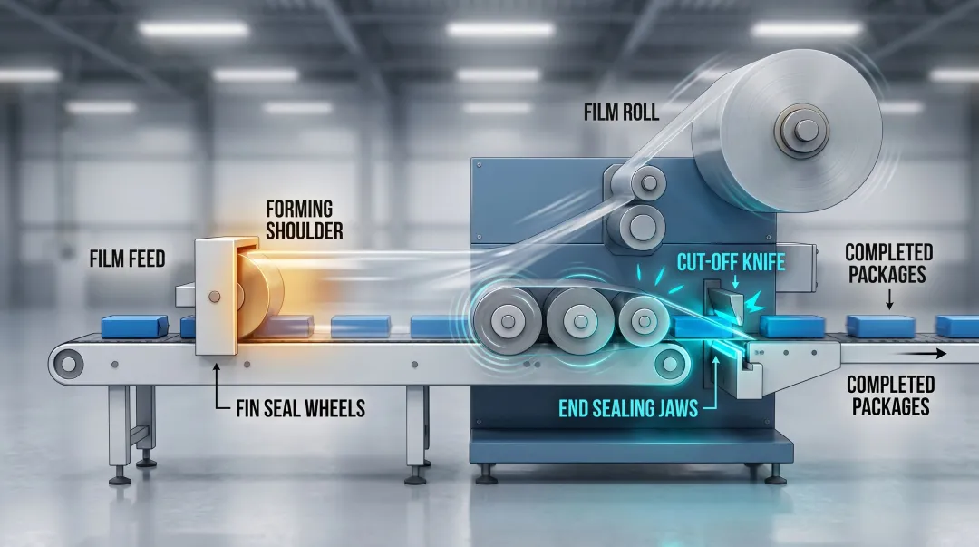 Automated shrink film former and sealing jaw system on high-speed packaging line