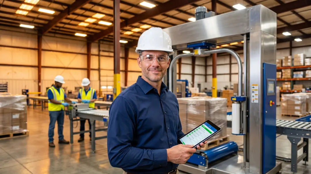 Manufacturing manager evaluating large orbital packaging equipment on production floor with checklist