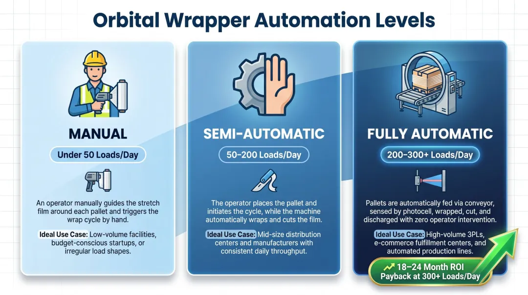 Three-tier orbital wrapper automation levels manual semi-automatic fully automatic comparison infographic