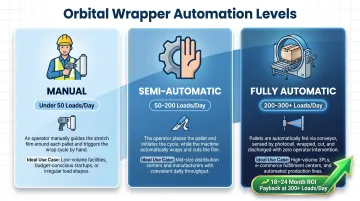 Three-tier orbital wrapper automation levels manual semi-automatic fully automatic comparison infographic