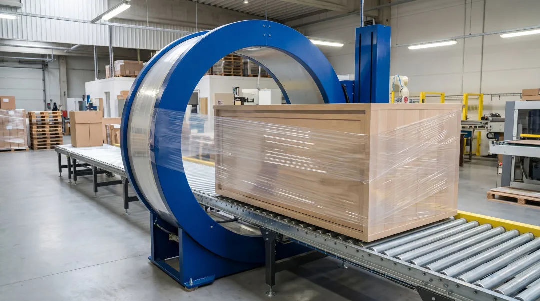 Industrial orbital stretch wrapper applying film around large furniture panel on conveyor