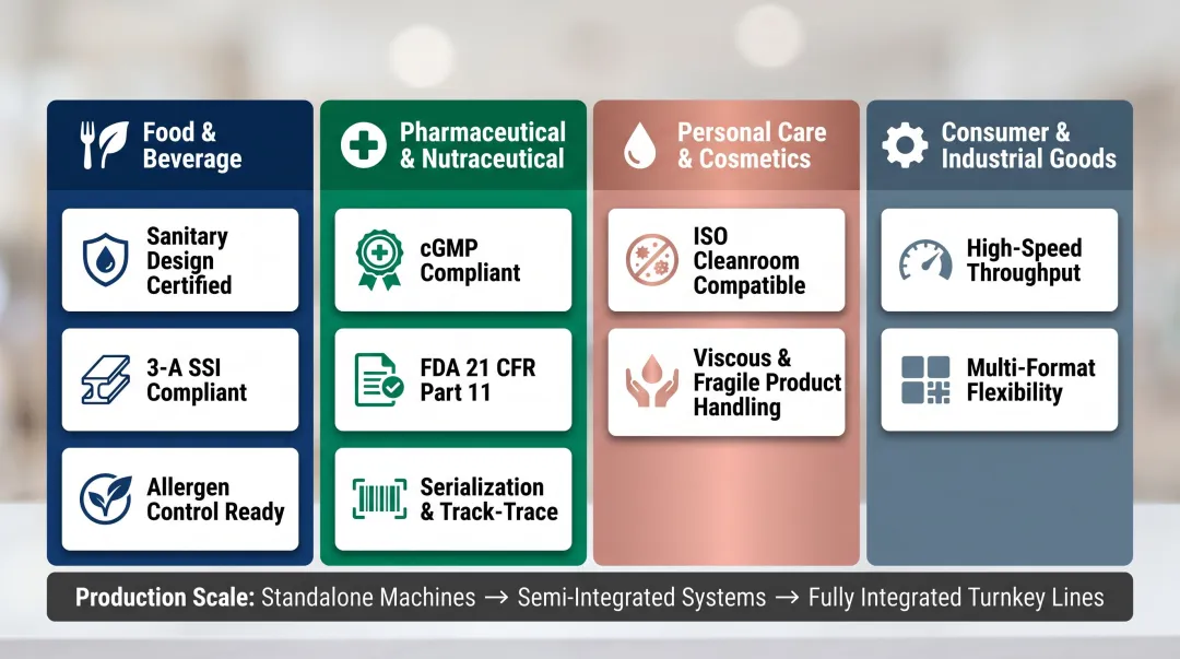 ProMach industries served and compliance capabilities across food pharma and consumer goods