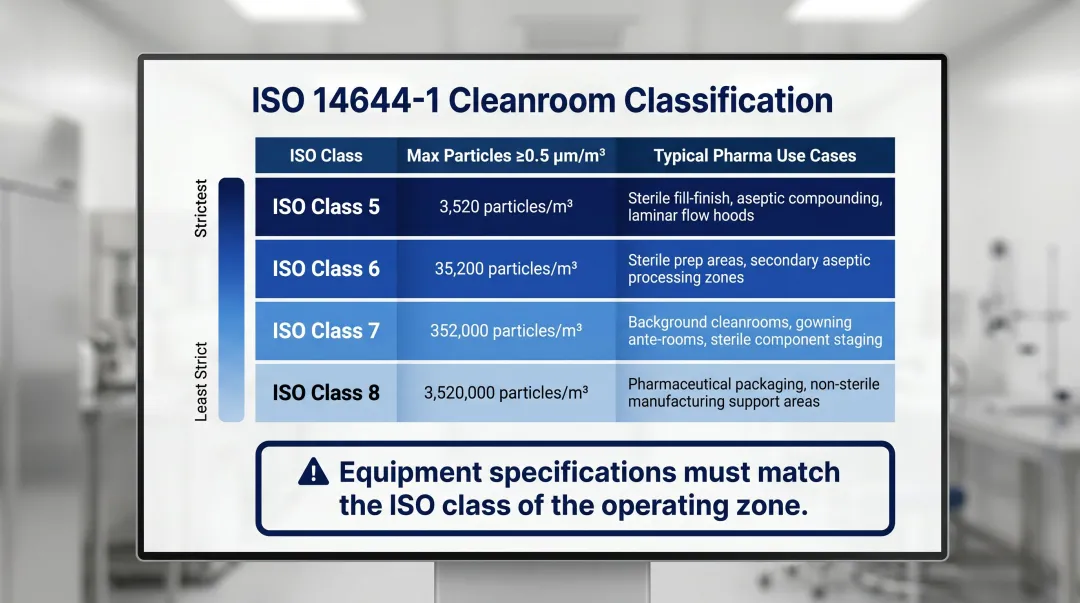 ISO cleanroom classification chart showing particle limits from Class 5 to Class 8