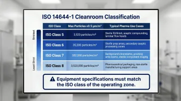 ISO cleanroom classification chart showing particle limits from Class 5 to Class 8