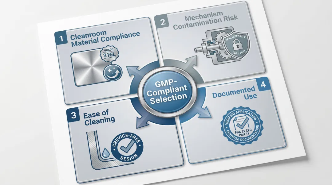 Four-criteria pharmaceutical cleanroom lift table evaluation framework selection process infographic