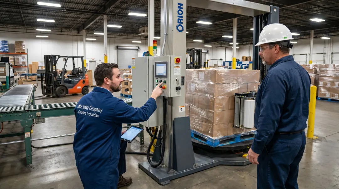 John Maye Company technician servicing Orion stretch wrapper in Midwest facility