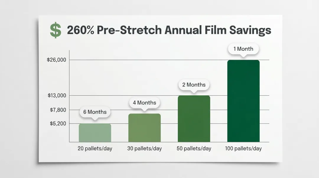 Annual film savings by daily pallet volume with pre-stretch payback period chart