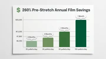 Annual film savings by daily pallet volume with pre-stretch payback period chart
