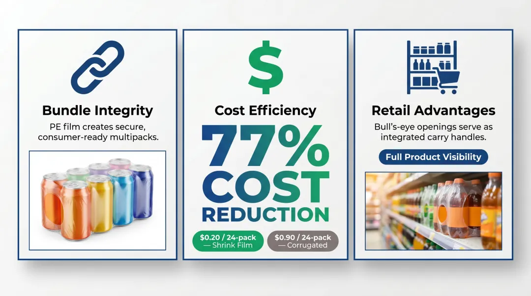 Shrink wrap versus corrugated packaging cost comparison and key benefits infographic