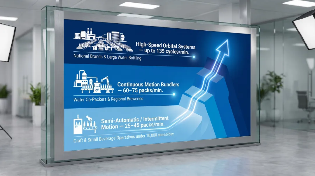 Three shrink wrap machine speed classes matched to beverage bottling line throughput requirements