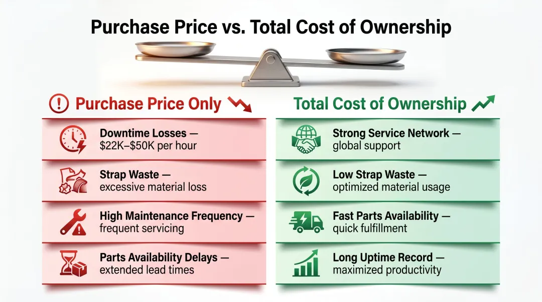 Total cost of ownership versus purchase price comparison for corrugated strapping machines