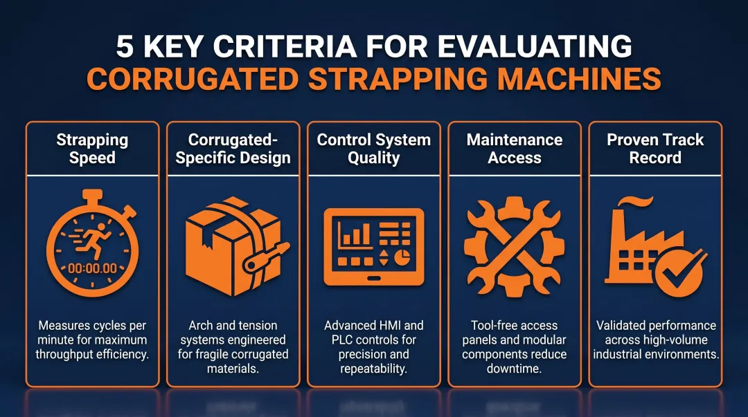 5 evaluation criteria for corrugated strapping machines selection process infographic