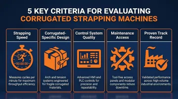 5 evaluation criteria for corrugated strapping machines selection process infographic