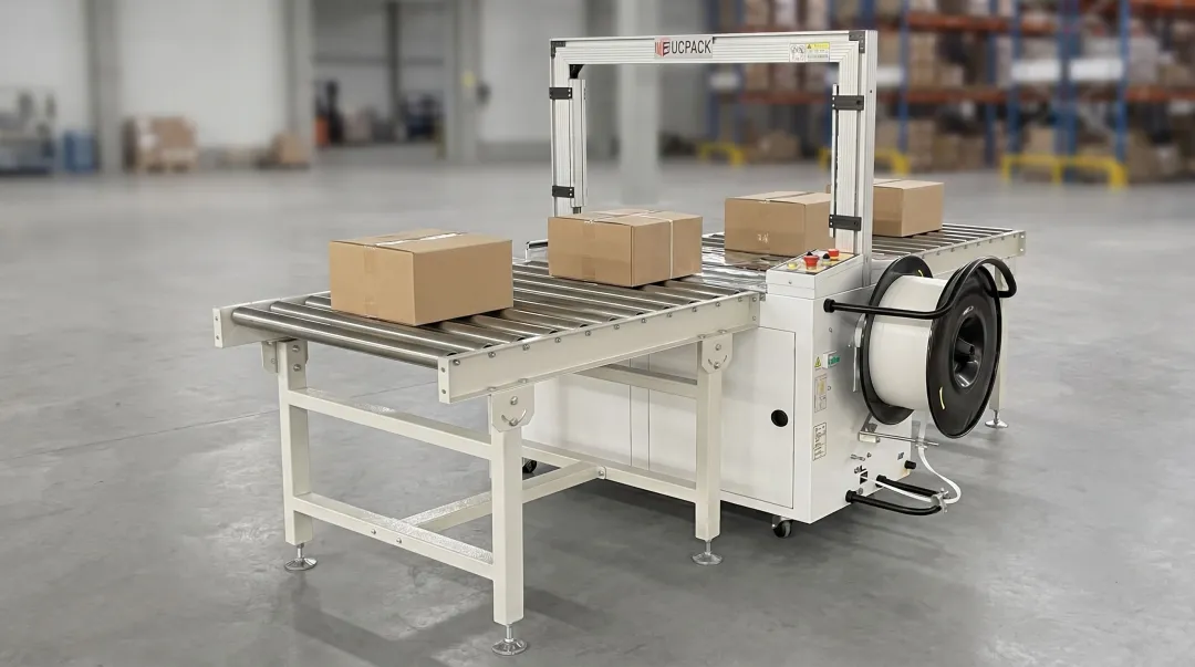 Automatic corrugated strapping machine with conveyor system and strap feed mechanism