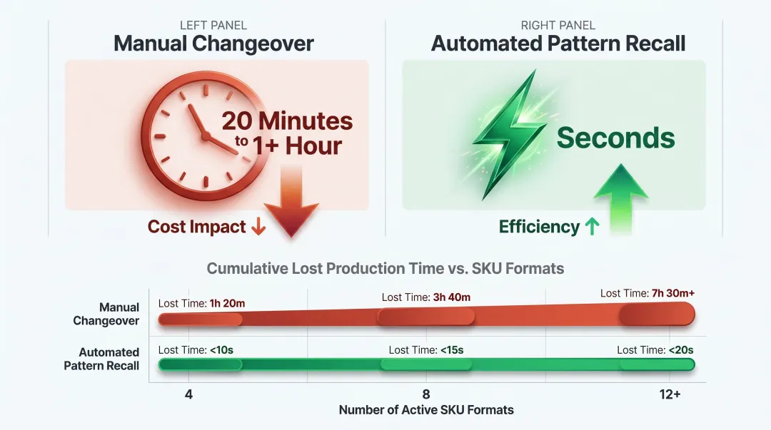 Manual versus automated palletizer SKU changeover time comparison infographic