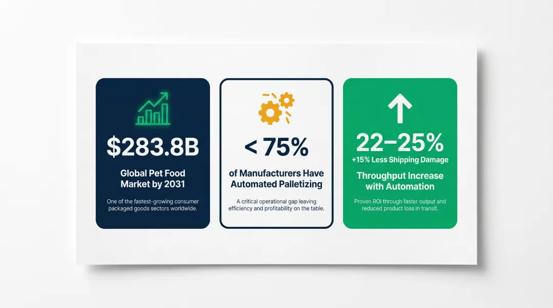Pet food palletizing automation gap statistics and throughput improvement data infographic